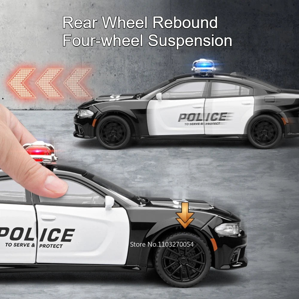 1:32 Charger 911 DaKar Alloy Police Car Model Miniature Toy Rear Wheel Return Force Light Music Door Opened Vehice Boy Xmas Gift