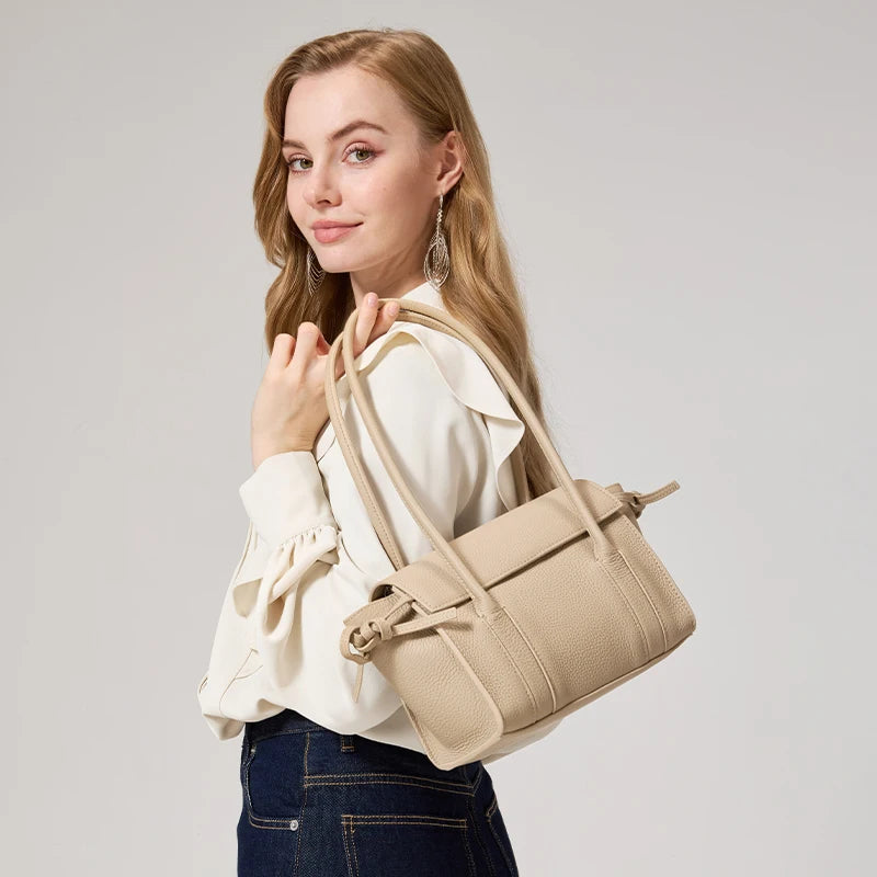 Women's Long-Handled Genuine Cowhide Leather Tote Bag Luxury Designer Pebbled Leather Drawstring Side Crossbody Shoulder Bag