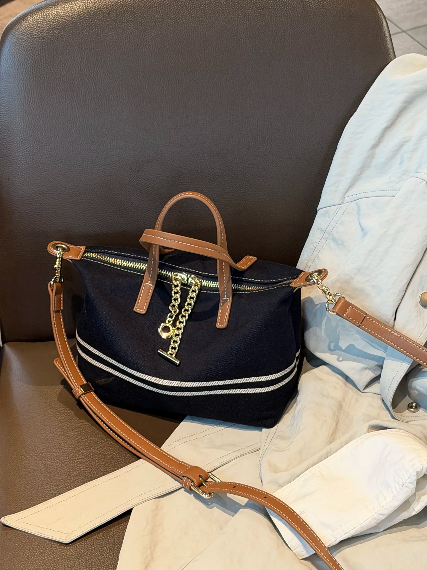 Denim & Genuine Cowhide Leather Mini Dome Bag for Women Luxury Designer Top Handle Crossbody Shoulder Bag with Gold Chain Detail
