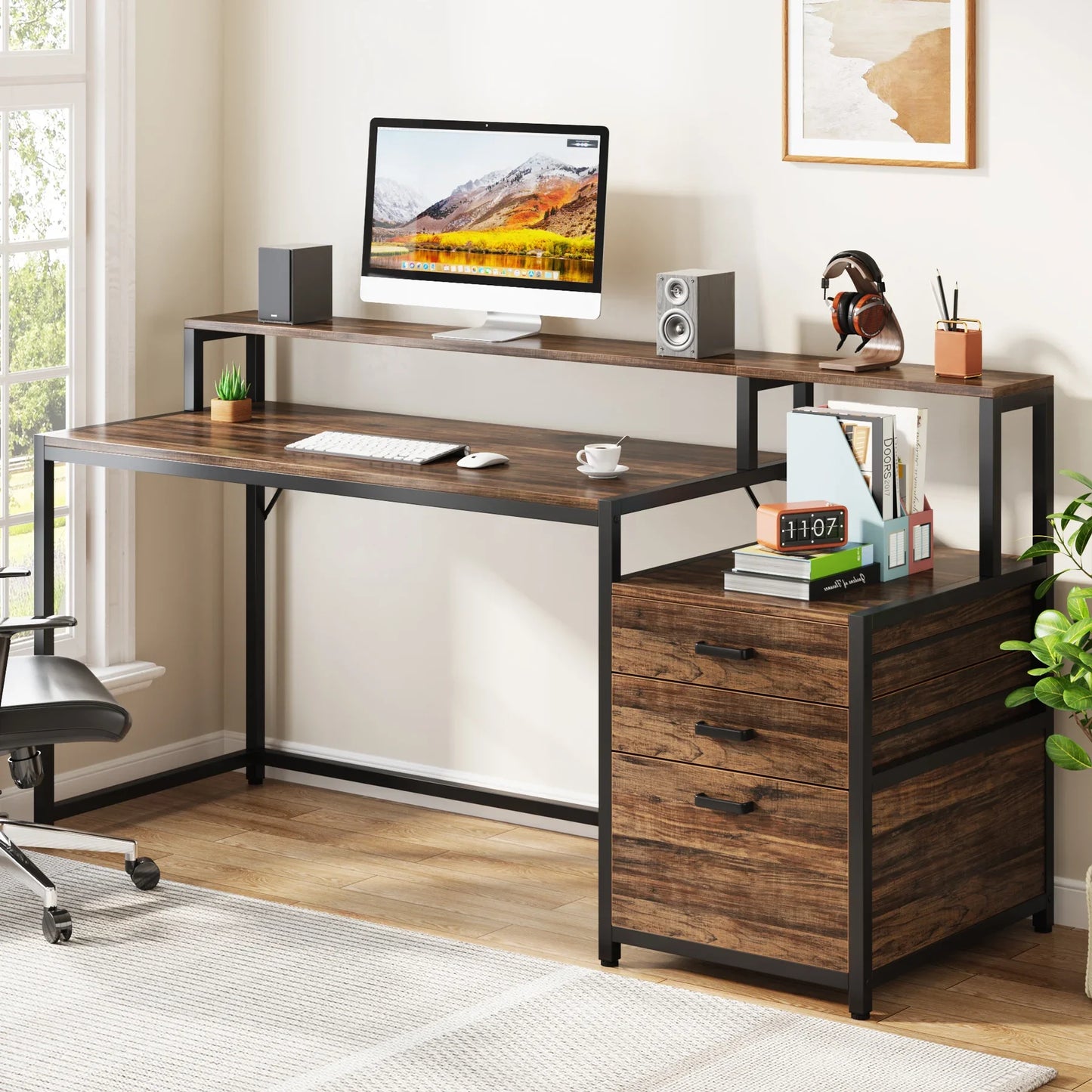 Tribesigns 63" Computer Desk with File Drawer Cabinet, Ergonomic Monitor Stand