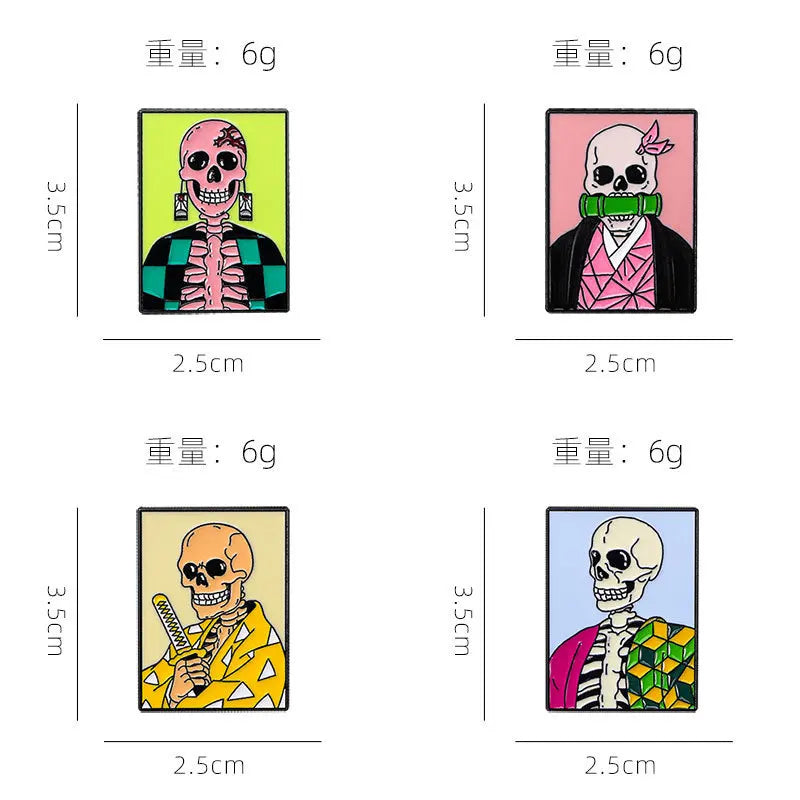 4pcs Demon Slayer Anime Punk Skeleton Character Brooches Set for Backpack Bag Jewelry Halloween Themed Gift