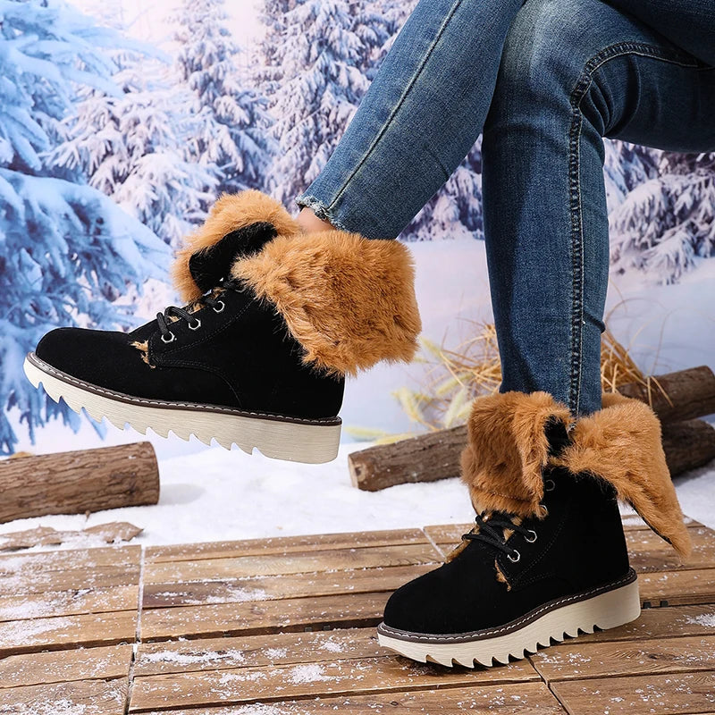 Winter Warm Long Plush Mid Calf Boots Women Outdoor Lace Up Non Slip Snow Boots Woman Plus Size 36-43 Thick Sole Suede Botas