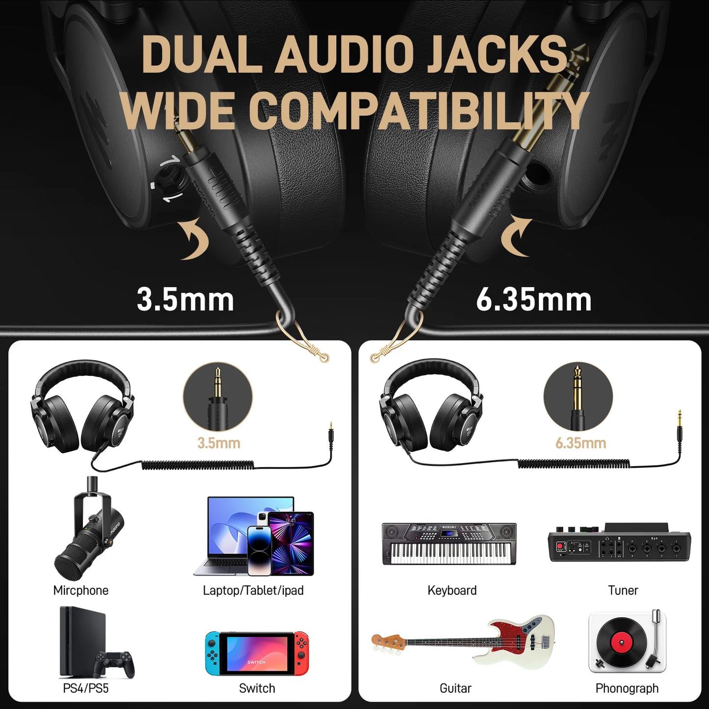 MAONO MH700 Studio Monitor Headphones Mixing DJ Headphone 50mm Driver Professional Over Ear Wired Headset for Recording Podcast
