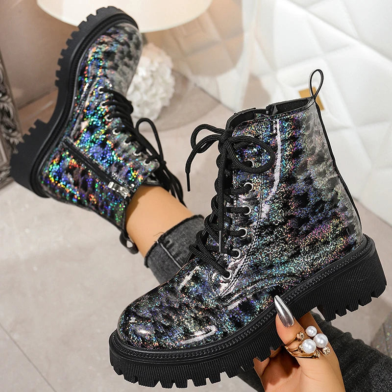 Bright Sequin Platform Ankle Boots Women Autumn Winter Waterproof Short Booties Mujer Fashion Lace Up Thick Sole Boots Plus Size
