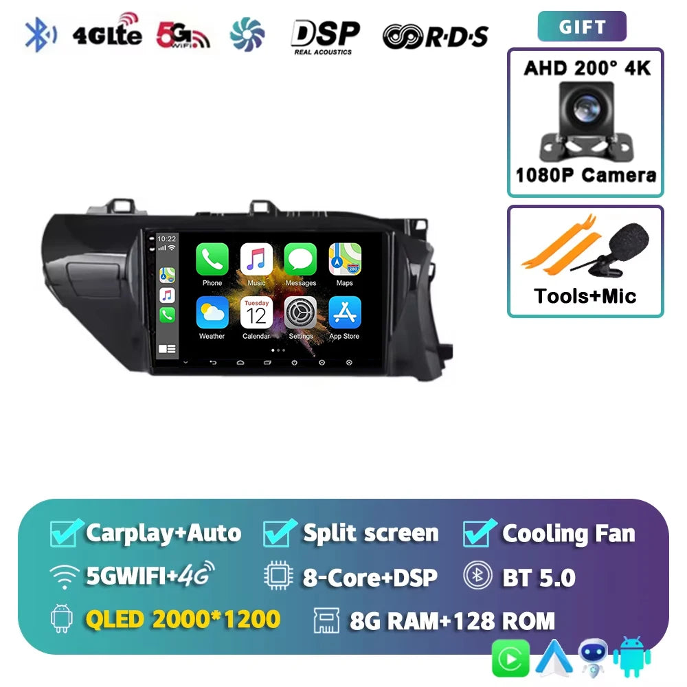 Car Radio For Toyota Hilux RHD 2015 2016 2017 2018 2020 2021 2023 Wireless Carplay Android Auto Multimedia Player Stereo WIFI 4G