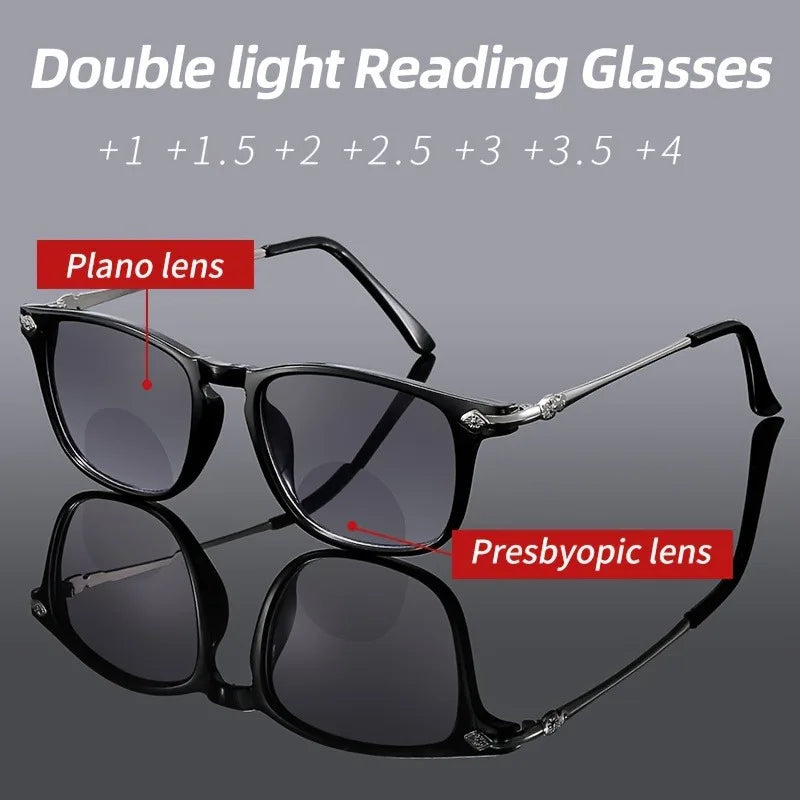 2PCS Retro Bifocal Reading Glasses Unisex Stylish Square Frame Spring Hinge Design 1.0 To 4.0x Magnification Retro Glasses