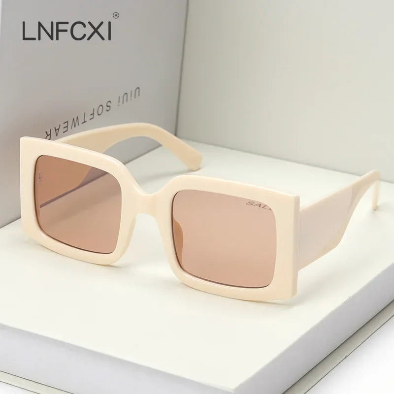 JNPCXI Beige Vintage Rectangle Women Sunglasses Ins Popular Fashion Blue Light Tea Eyewear Men Trending Sun Glasses Shades UV400