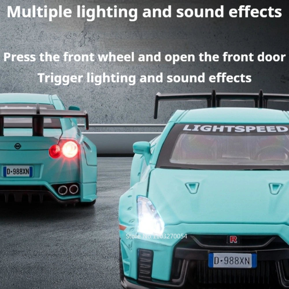 1: 32 GTR Skyline Alloy Diecast Models Toys Cars 4 Doors Opened with Sound Light Pull Back Miniature Sportscar Fashion Ornaments