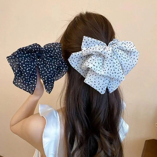 Polka Dot Mesh  Big Bow Hair Clip for Woman Elegant Temperament Back of The Head Grab Clip Fashion Girl Hair Clamp