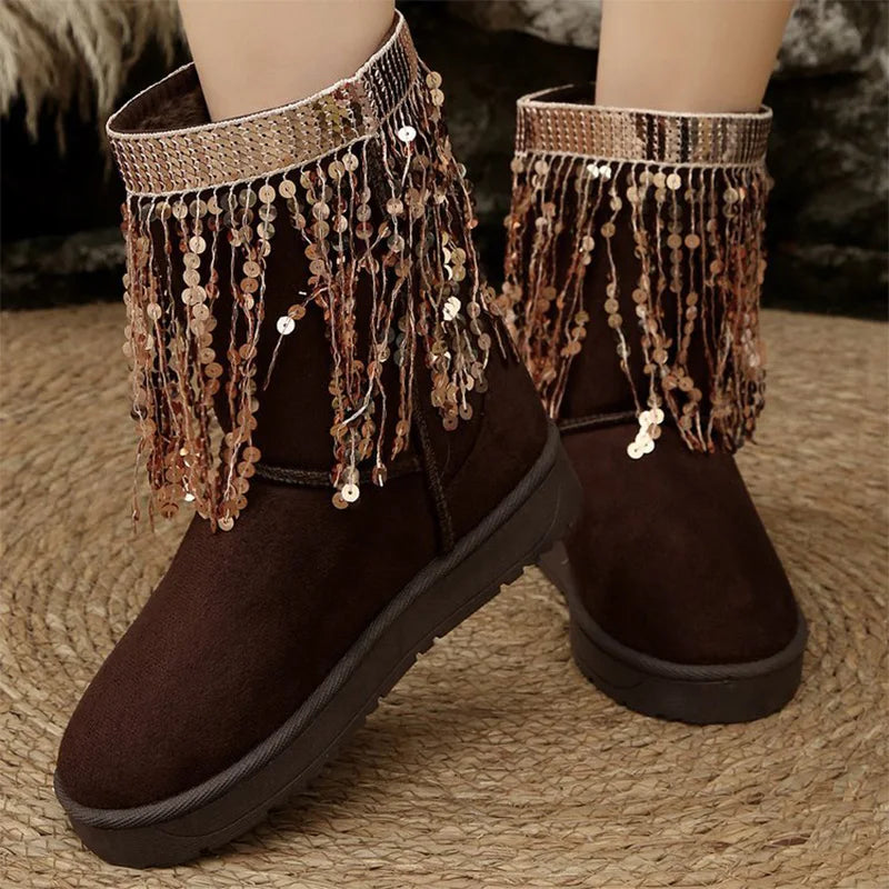Elegant Shiny Detor Snow Boots for Women Short Plush Thicken Warm Snow Boots Woman Winter Faux Suede Platform Cotton Shoes Lady