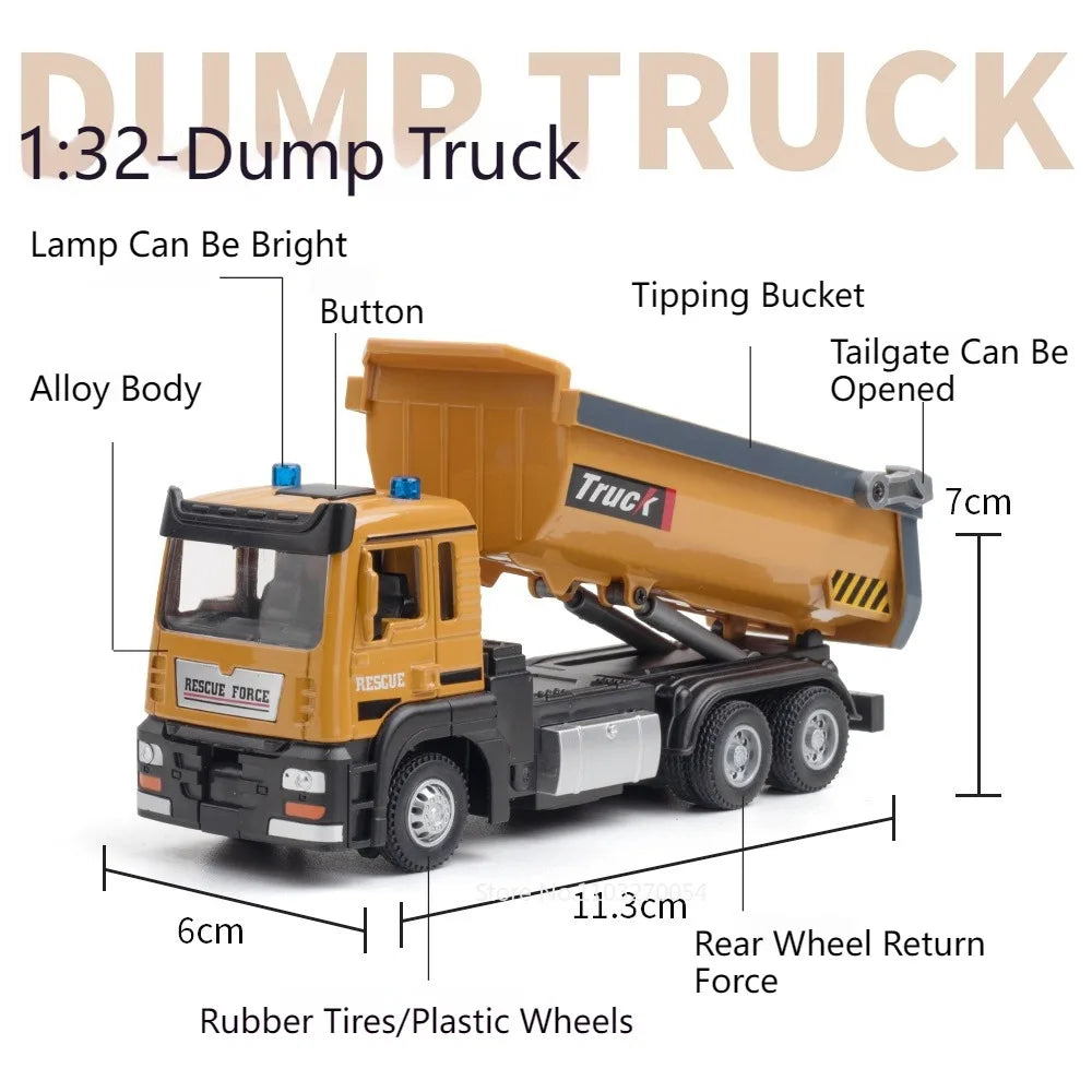 1/32 DUMP TRUCK Model Toys Car Alloy Diecast Engineering Vehicle Metal Body Rubber Tires Sound Light Pull Back Toy Birthday Gift