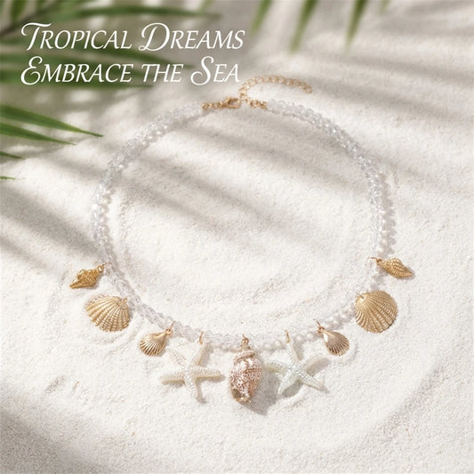 Elegant Faux Pearl Multi-Layer Necklace for Women Gold Color Clavicle Chain Shell Pendant Choker Fashion Jewelry