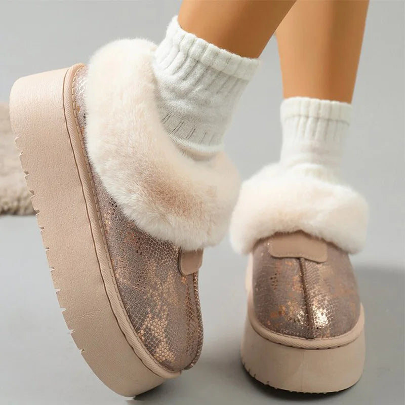 Chic Beige Shiny Snow Boots for Women 2025 Winter Korean Short Plush Warm Boots Woman Round Toe Thick Bottom Booties Female