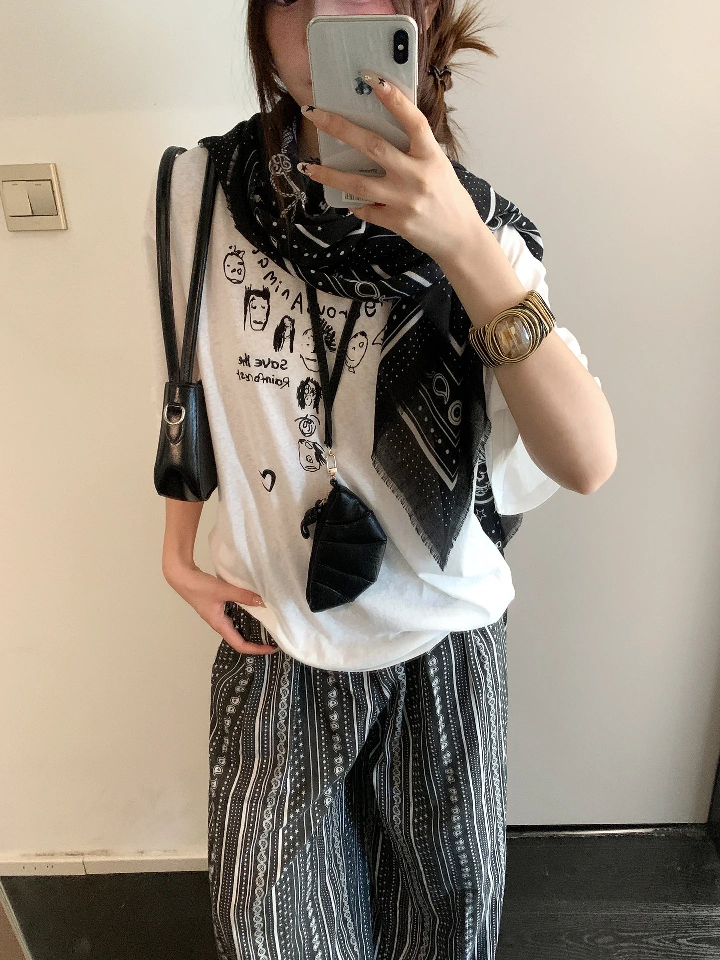 Retro Black Printed Petticoat Scarf Korean Lazy Style Thin Shawl Small Neck Scarf Accessory Belt