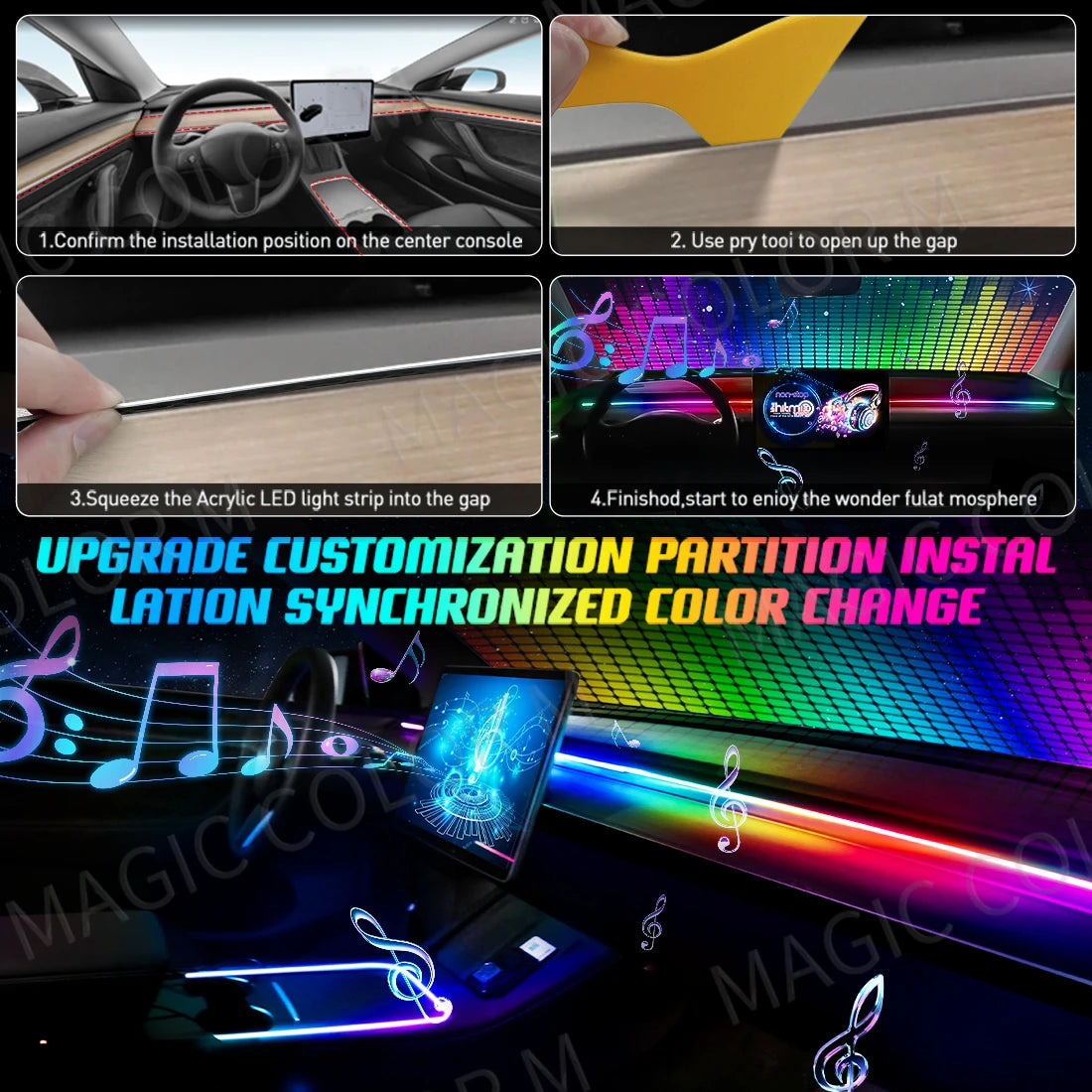 140cm 55.12" Car Ambient Light LED Symphony RGB Interior Acrylic Strips Dashboard Decoration Console Atmosphere Lamp App Control