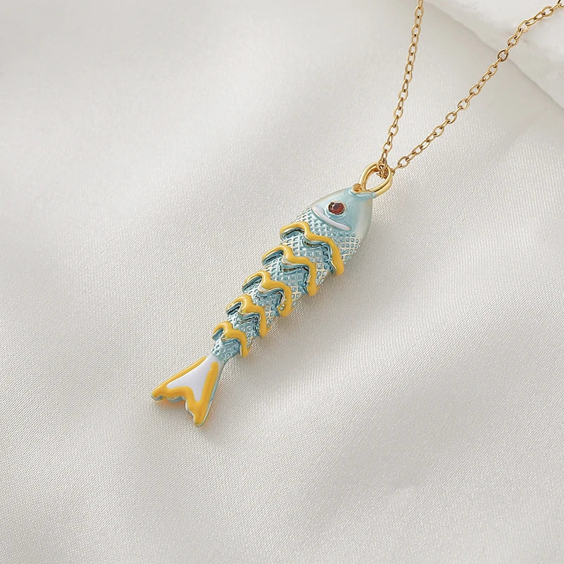 Ocean Small Fish Pendant Necklace, Women Stainless Steel Personalized Collarbon