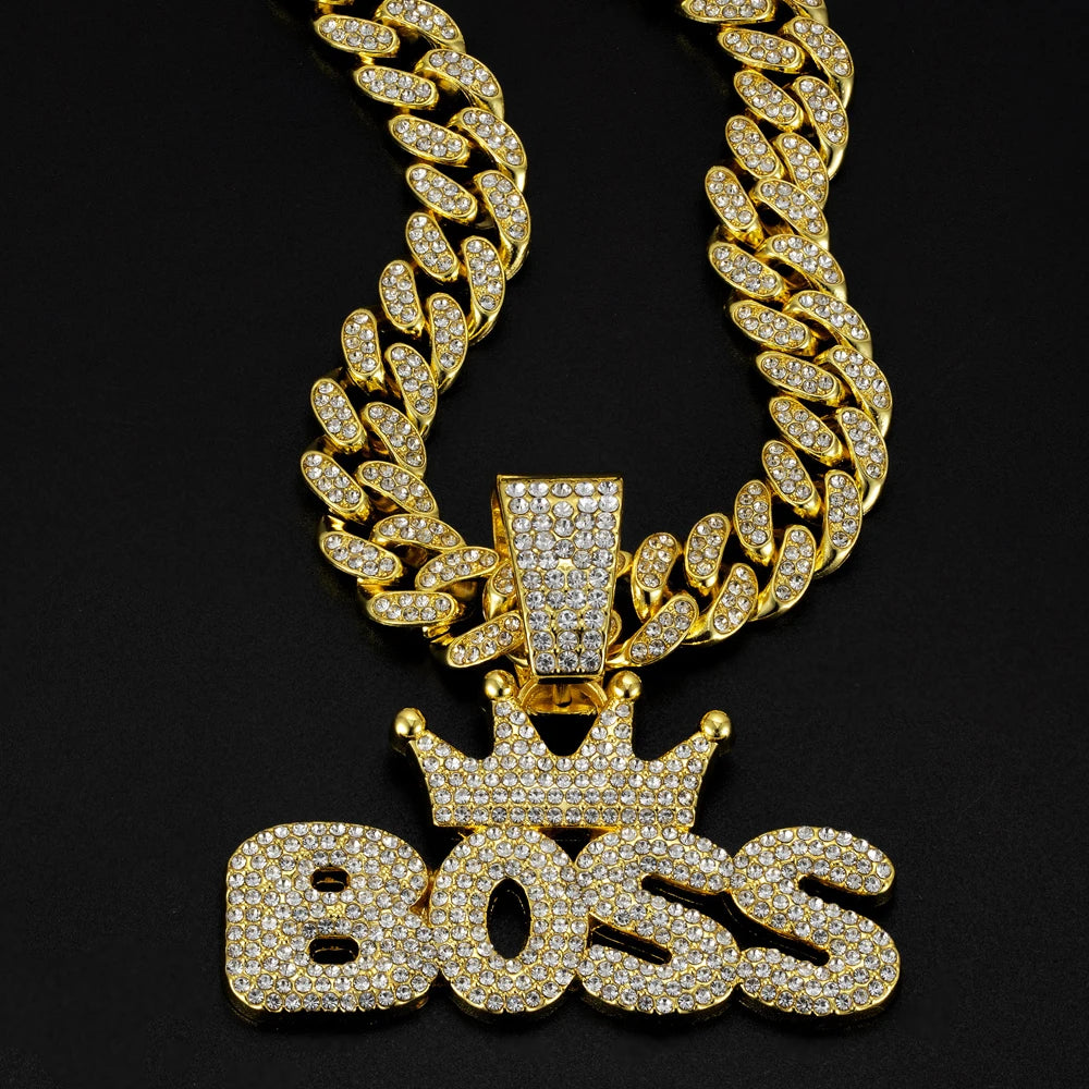 Men's Cool Hip-hop Rhinestone Letter BOSS Pendant Necklace, For Men Fashion Iced Out Bling Zircon Cuban Thick Chain Punk Jewelry