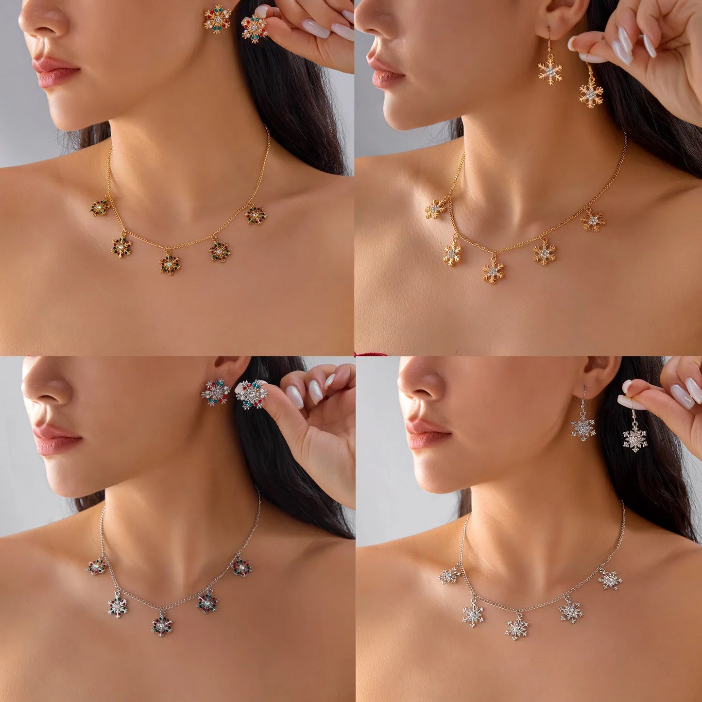 Christmas Colorful Rhinestone Imitation Pearl Snowflake Necklace Earrings Set For Women 2026 Xmas Jewelry Set Holiday Party Gift