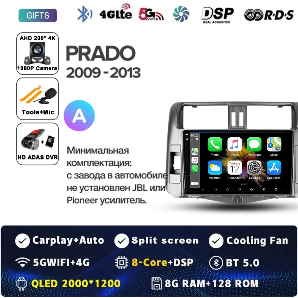 Android 15 Car Radio for Toyota Land Cruiser Prado 150 2009-2013 with GPS Navigation QLED Carplay Auto Multimedia Stereo BT