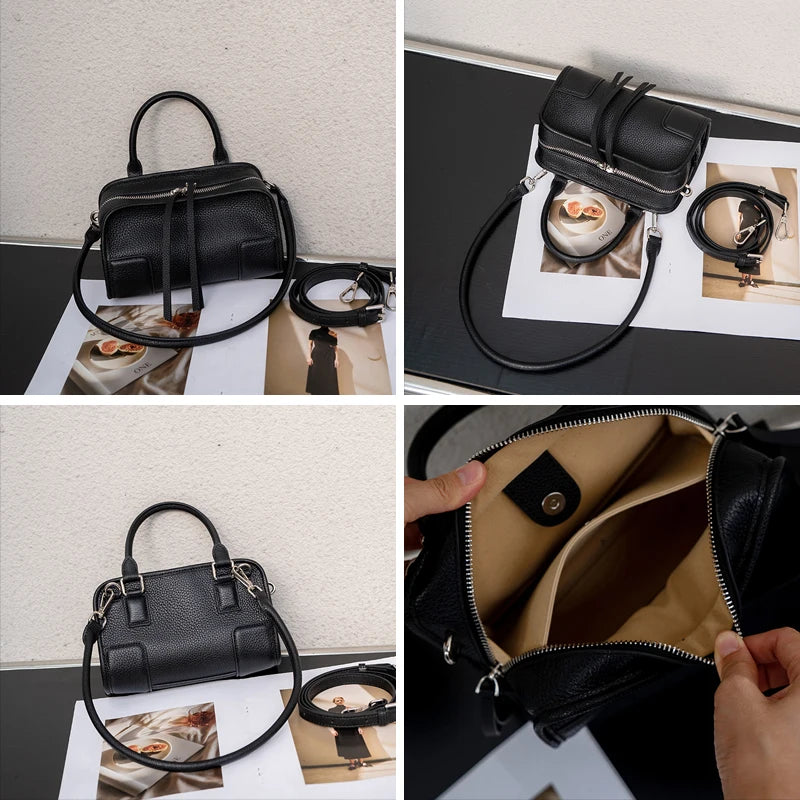 Genuine Cowhide Leather Mini Boston Bag for Women Top Handle Crossbody Bag with Zipper Closure Luxury Designer Messenger bags