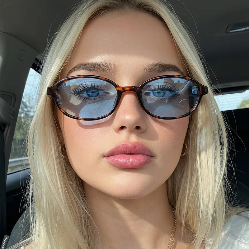 JNPCXI New Ins Popular Fashion Oval Sunglasses Women Leopard Blue Vintage Rivets UV400 Men Punk Clear Lens Frame
