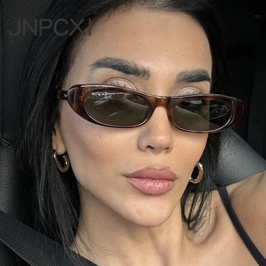 JNPCXI Trendy Cat Eye Black Sunglasses Women Brand Narrow Frame Rectangle Shades Small Eyewear Men Sun Glasses Female Male UV400