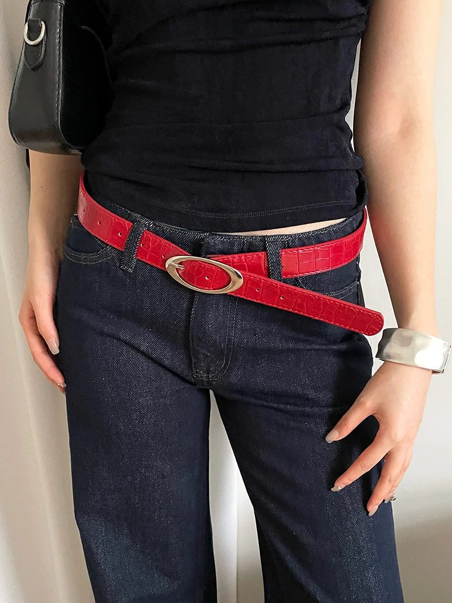 Fashionable Korean Style With Lychee Pattern Women's Belt 2025 Red High-End Versatile Simple Ins Style Decoration Belt Trend