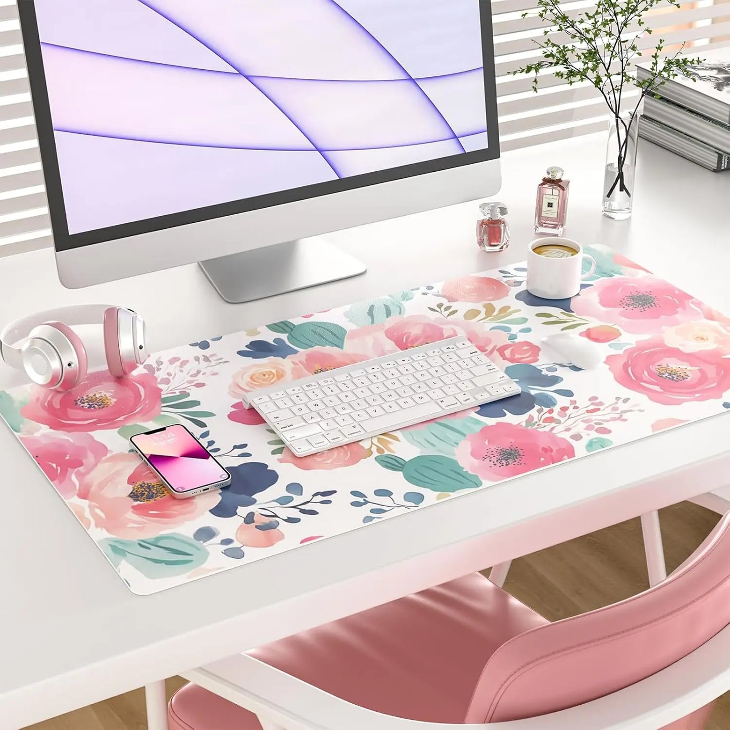 Leather Desk Pad Protector,Mouse Pad, Pink Flower Office Desk Mat, Waterproof Keyboard Mat for School Home Office Girl women