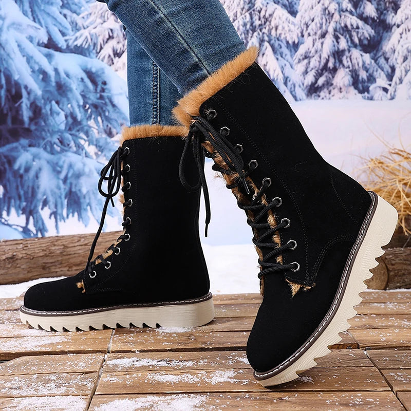 Winter Warm Long Plush Mid Calf Boots Women Outdoor Lace Up Non Slip Snow Boots Woman Plus Size 36-43 Thick Sole Suede Botas