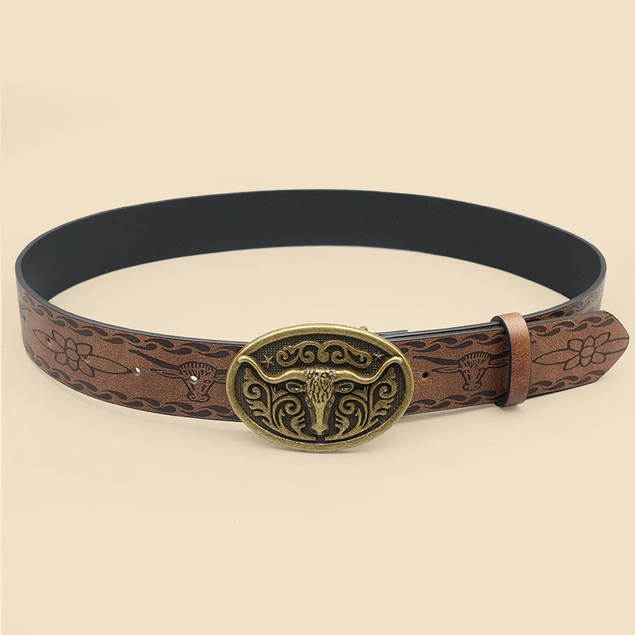 Western Cowboy Style Vintage Casual Belt - Ox Head Carved Buckle & Bohemian Print, Perfect for Daily Commute & Dating Outfits