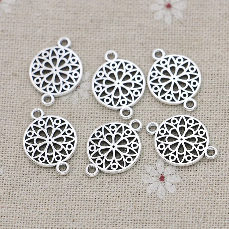 10Pcs Antique Silver Plated Round Flower Charm Connectors for Jewelry Making Bracelet Accessories DIY Findings