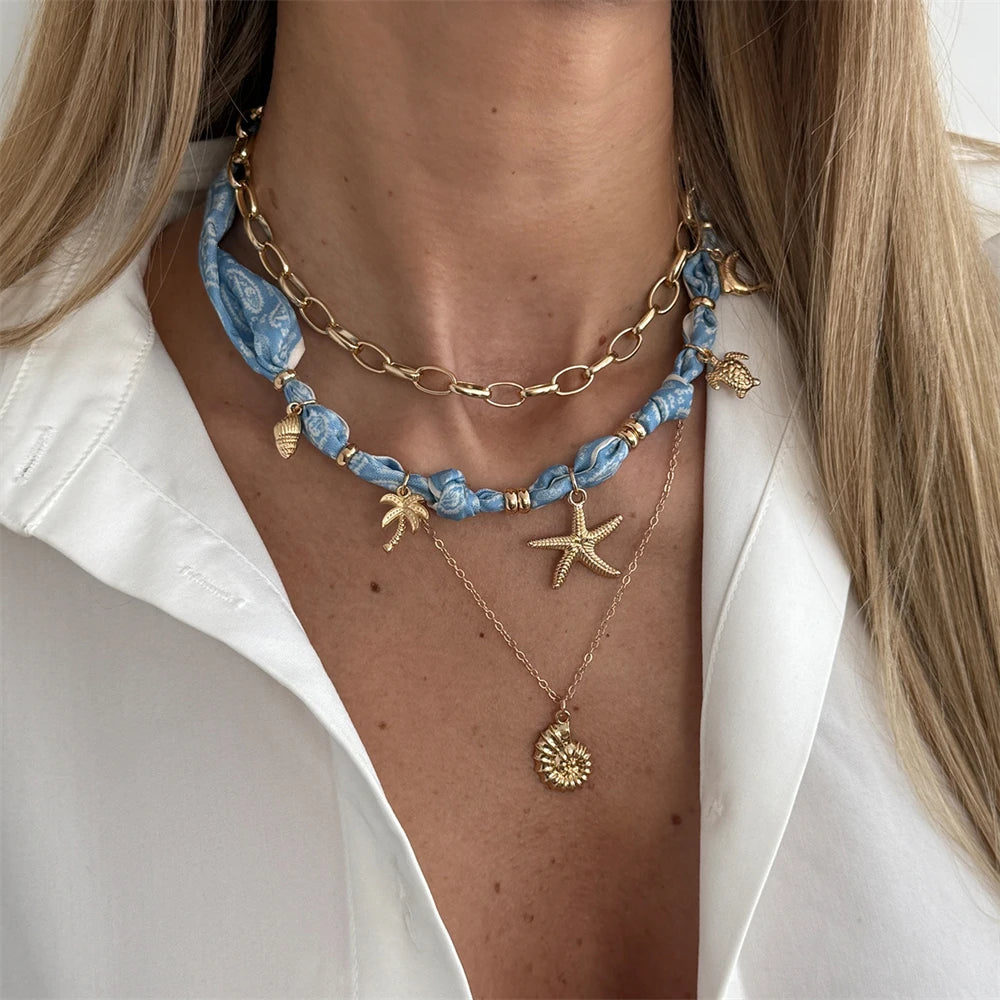 3Pcs Vacation Style Sun Shell Pendant Necklace Set Boho Ribbon Scarf Choker Layered Chain Summer Beach Jewelry Women