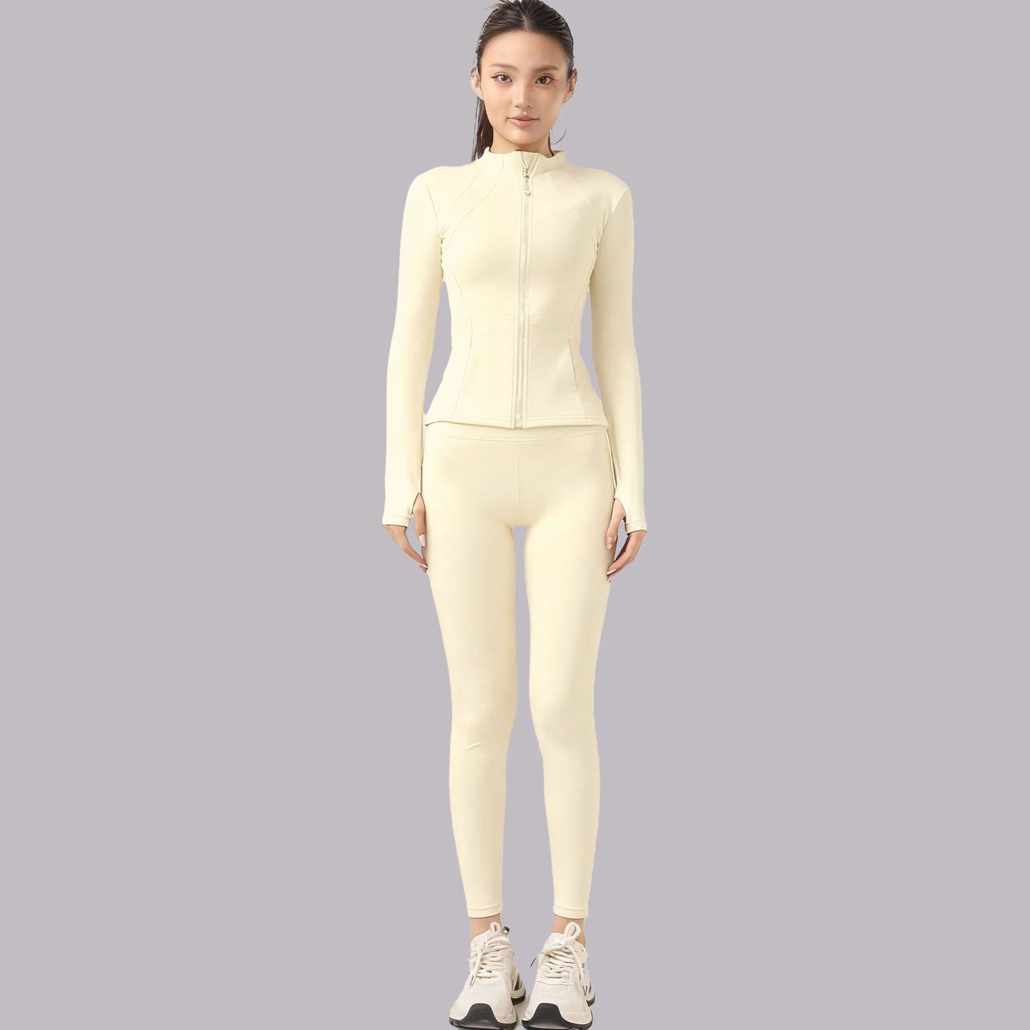 New Yoga Set: Stand Collar Zipper Slim-Fit Layering Sports Two-Piece with Thumb Holes