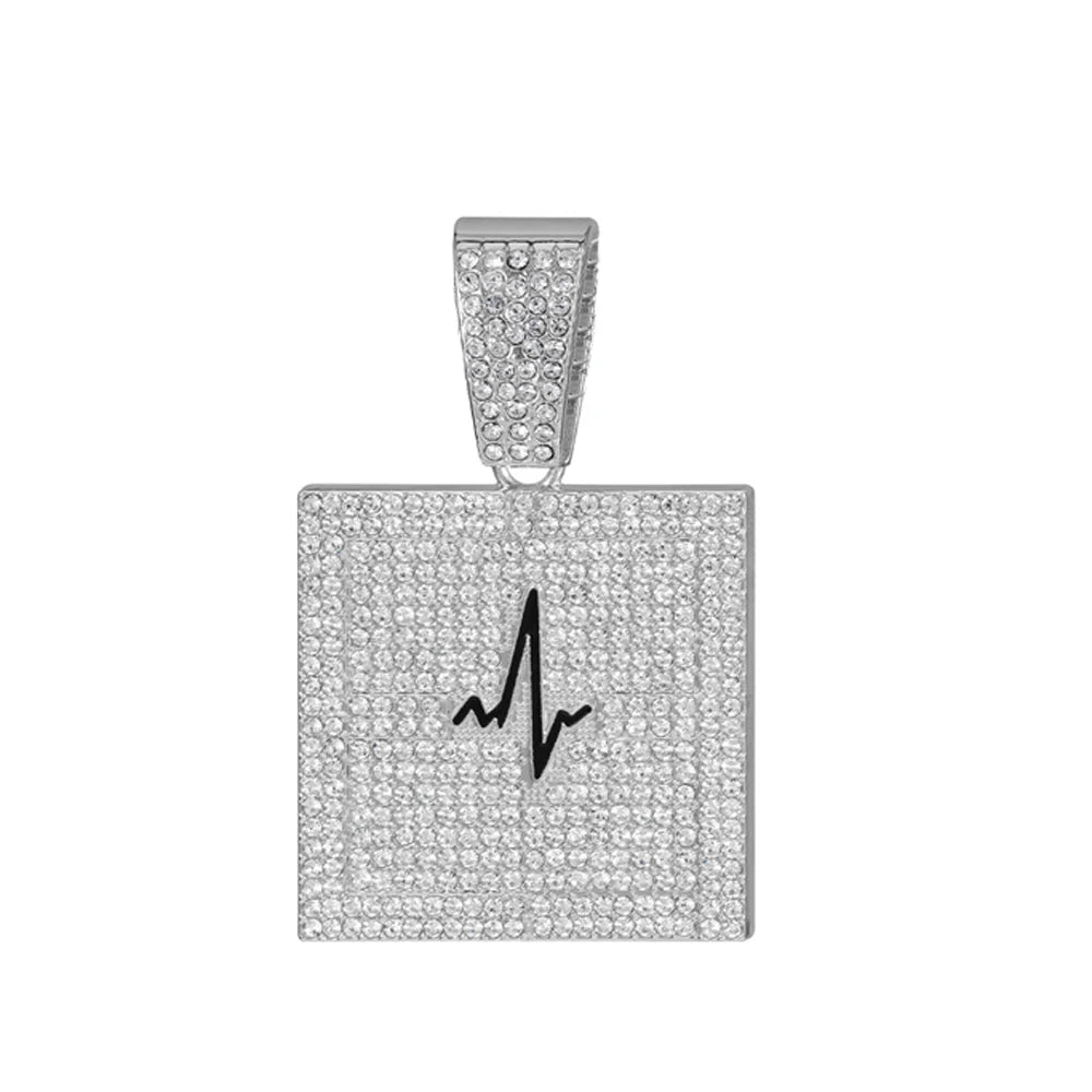 Hip Hop Electrocardiogram Lifeline Geometric Pendant Necklace With 13mm Box Buckle Cuban Chain Necklaces Fashion Jewelry For Men