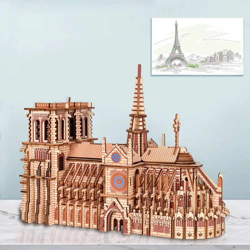 DIY 3D Wooden Puzzle Notre Dame De Paris Dimensional Model Learning Educational Games Toys for Children Architecture Decoration