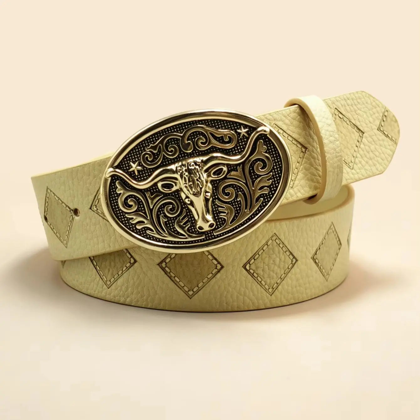 Western Bull Head Engraved Belt, Beige Diamond Embossed Gold Buckle Unisex Cowboy Waistband