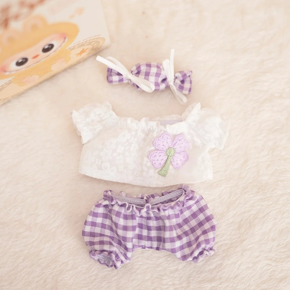 17 Cm Labubu Plush Toy Doll T-shirt with Denim Overalls Labubu Plush Toy Doll Pendant Clothes High quality