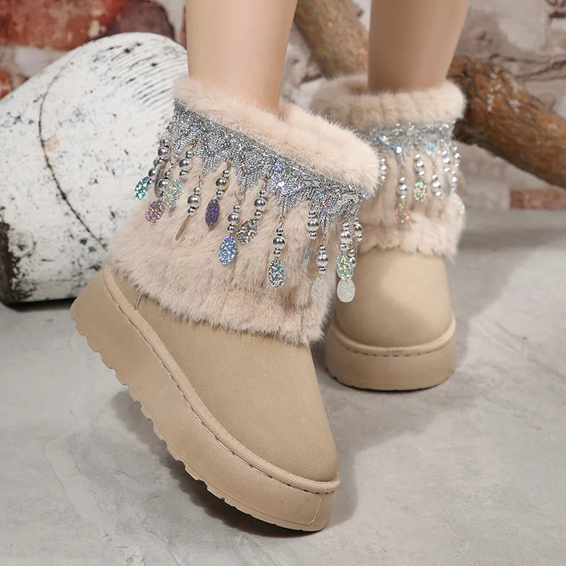 National Wind Sequins Fur Snow Boots Women Thick Sole Long Plush Winter Boots Woman Non Slip Cotton Padded Shoes Plus Size 43