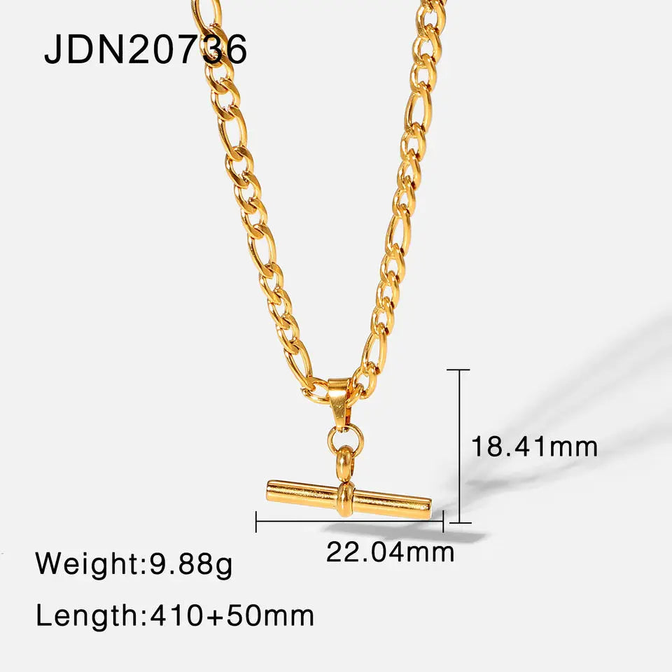 Uworld New 18K Gold Color Plating Figaro Cuban Chain T-bar Pendant Necklace Stainless Steel T-bar Pendant Necklace For Women