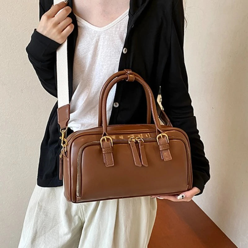 Vintage Handbags for Women Pu Leather Tote Bags 2026 Y2K Ladies Shoulder Bag Large Capacity Commute Wide Strap Crossbody Bag