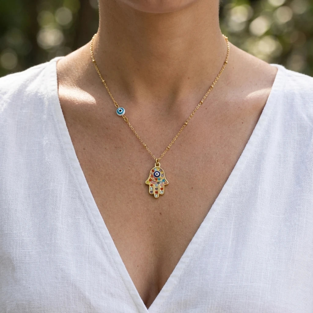 Turkish Hamsa Evil Eye Necklace For Women Stainless Steel Gold Color Fatima Hand Pendant Neckalce Lucky Jewelry Birthday Gift