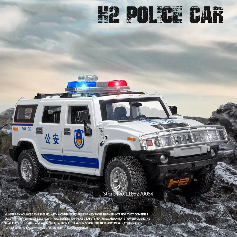 1/24 H2 Police Toy Model Car Alloy Diecast 6 Doors Opened with Sound Light Pull Back Rubber Tire Off-road Vehicles for Kid Gifts