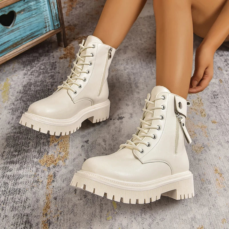 Black Pu Leather Motorcycle Boots Women 2025 Fashion Lace Up Platform Ankle Boots Woman Plus Size 42 Zipper Gothic Shoes Female