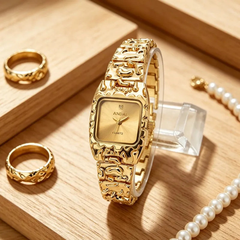 Vintage Square Watches for Women Golden Bracelet Quartz Wristwatch Luxury Designer Ladies Small Gold Watch Gifts Dropshipping