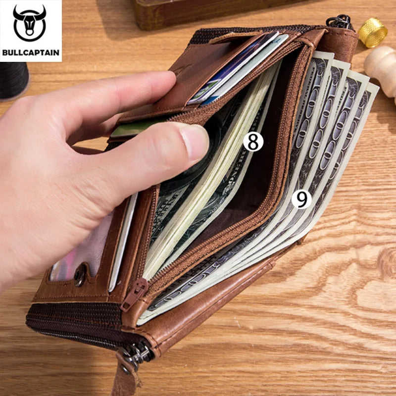 BULLCAPTAIN Vintage Men's Leather Wallet RFID Function Card Zipper Zero Wallet Multifunctional High Quality Leather Wallet QB06