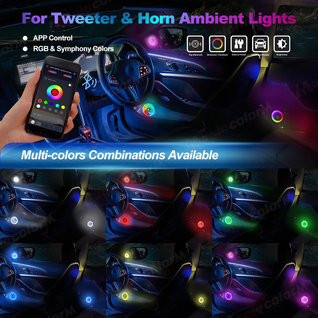 5.9in/4.13inch Symphony RGB Horn Tweeter Ambient Light Universal Car Interior Atmosphere Lamps Audio Hood Decoration APP Control