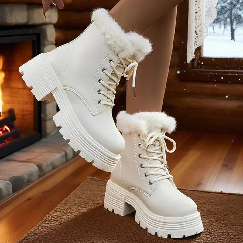 Plus Size 42 Chunky Platform Women's Winter Boots Lace Up Warm Thicken Plush Ankle Boots for Women Thick Sole Fur Botas Mujer