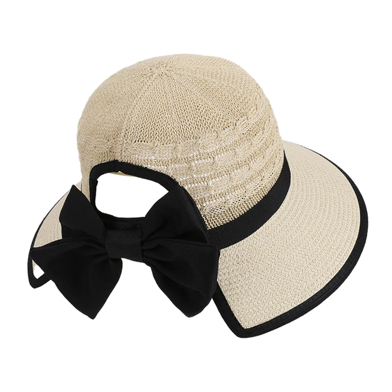 8484Summer hat girls' versatile bow-tied ponytail hole large eaves straw hat, outdoor outing sun hat