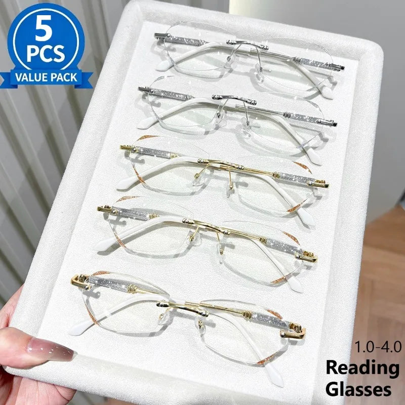 5 Pairs of Combination Set Frameless Reading Glasses with Rhinestone Decoration and Elegant Edge Cutting  Optional 1.0-4.0