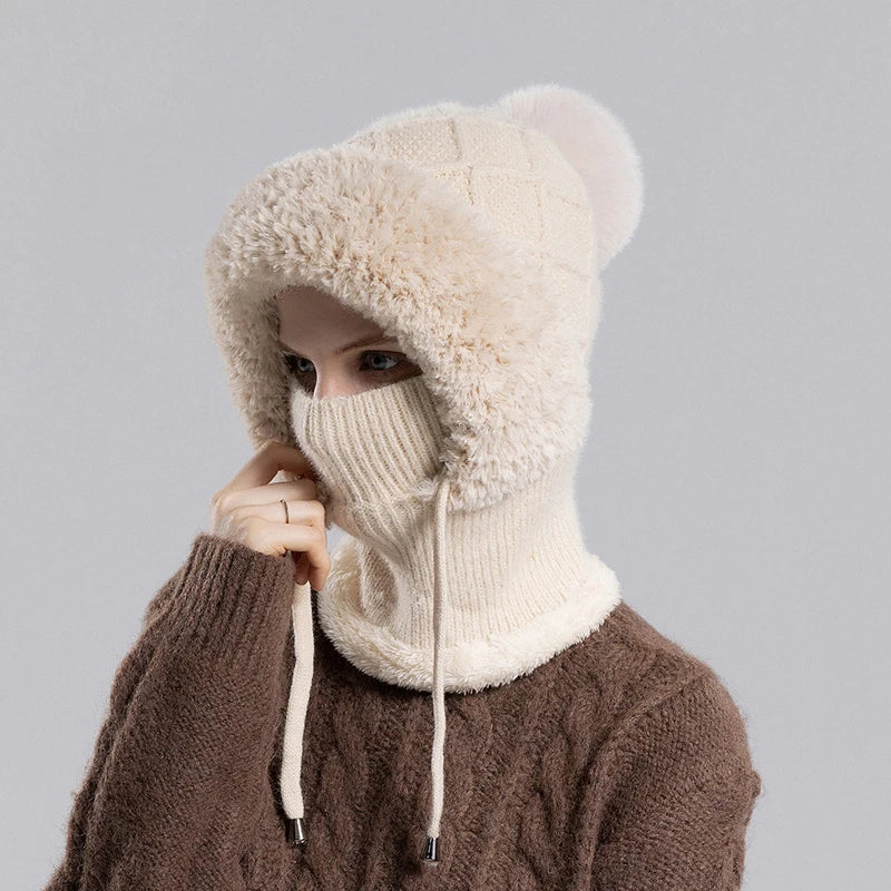 Xinbaoguan 100% Acrylic 8408 cross-border winter velvet knitted yarn hat women's mask scarf integrated warm ear protection hood